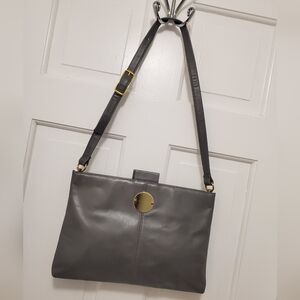 Vintage Ruth E. Saltz Gray Leather Purse Shoulder Bag with Cougar Pull Open
